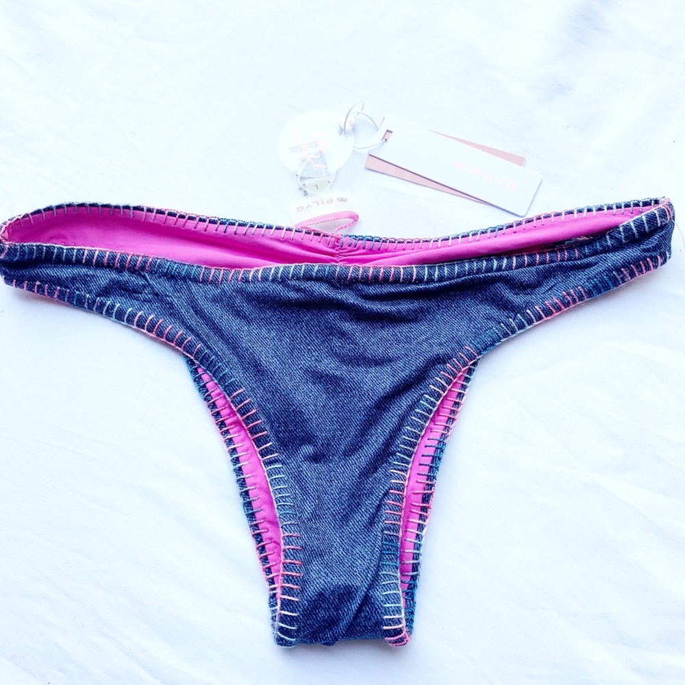 Pilyq Cayman stitched reversible teeny swim bottom rainbow stitch denim look L